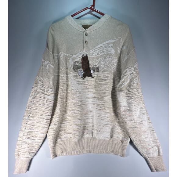 VTG Embroidered Flying Eagle Over Mountains Pullover Beige Sweater Sz L USA Made - Picture 1 of 10